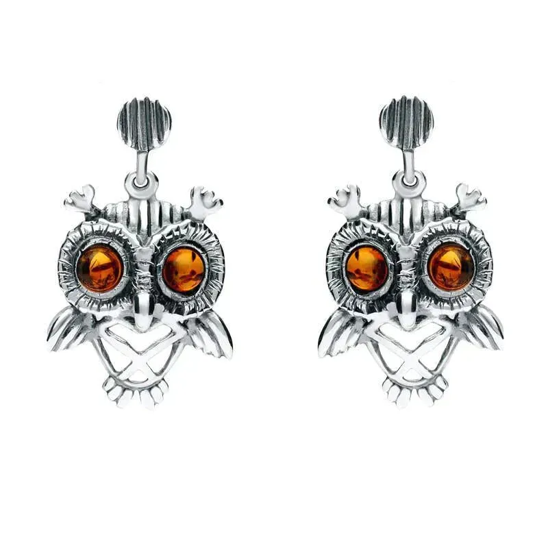 18ct White Gold Amber Orange Owl Stud Earrings sold by C.W. Sellors