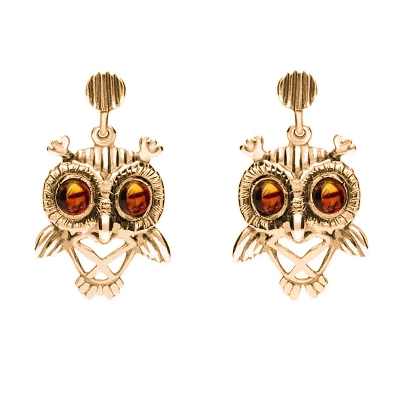 18ct Rose Gold Amber Orange Owl Stud Earrings sold by C.W. Sellors