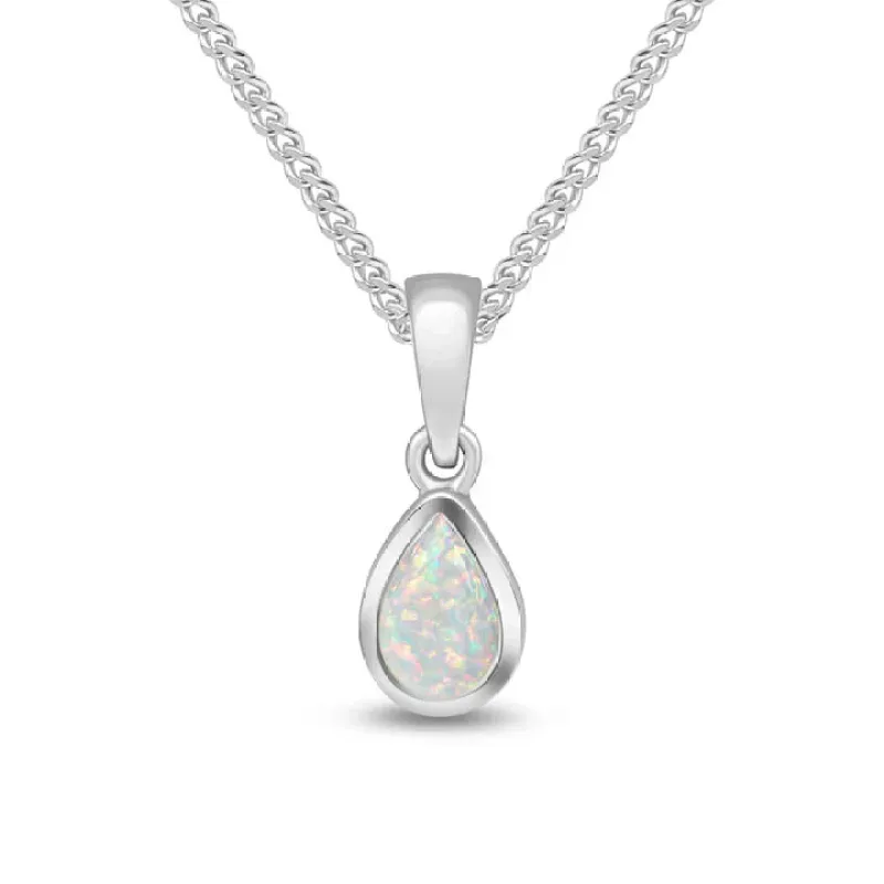 9ct White Gold Opal Pearshaped Rubover Single Stone Pendant & Chain sold by C.W. Sellors