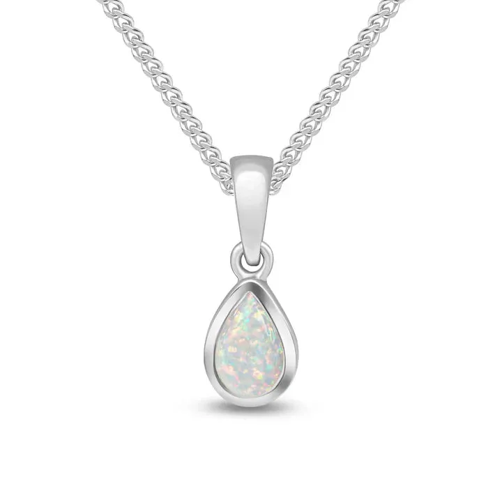 9ct White Gold Opal Pearshaped Rubover Single Stone Pendant & Chain sold by C.W. Sellors