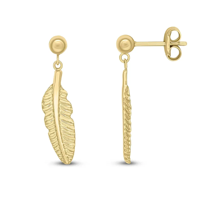 9ct Yellow Gold Feather Drop Earrings With Ball Stud Top sold by C.W. Sellors