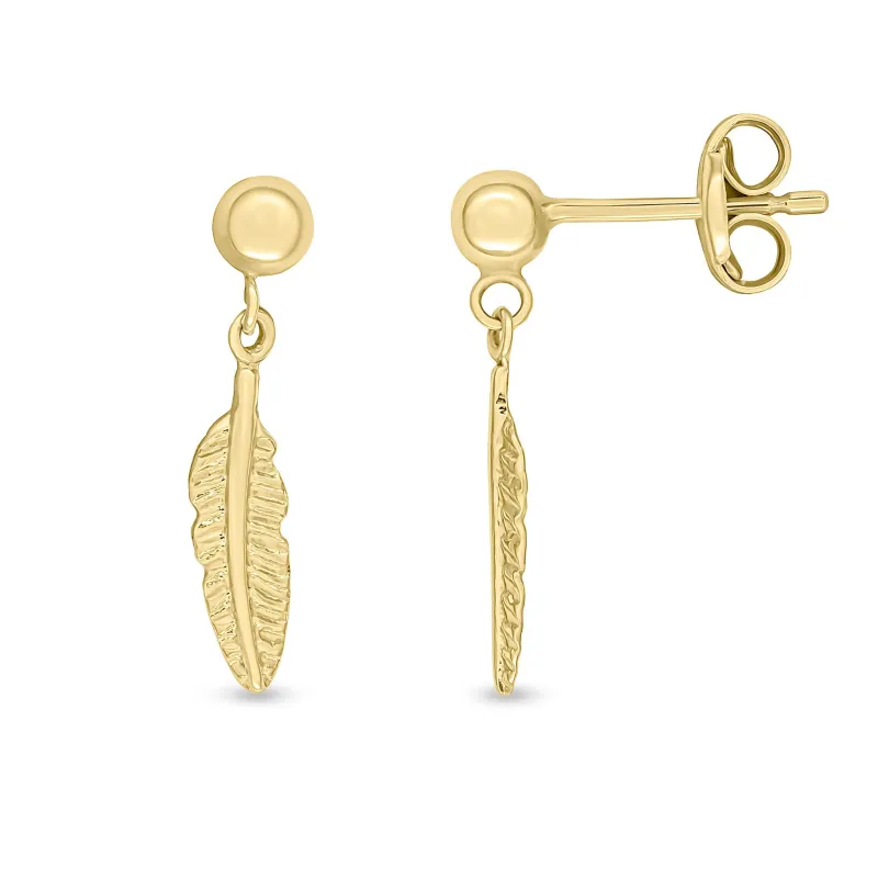 9ct Yellow Gold Feather Drop Earrings With Ball Stud Top sold by C.W. Sellors