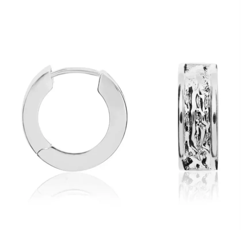 9ct White Gold Textured Square Round Huggy Earrings sold by C.W. Sellors