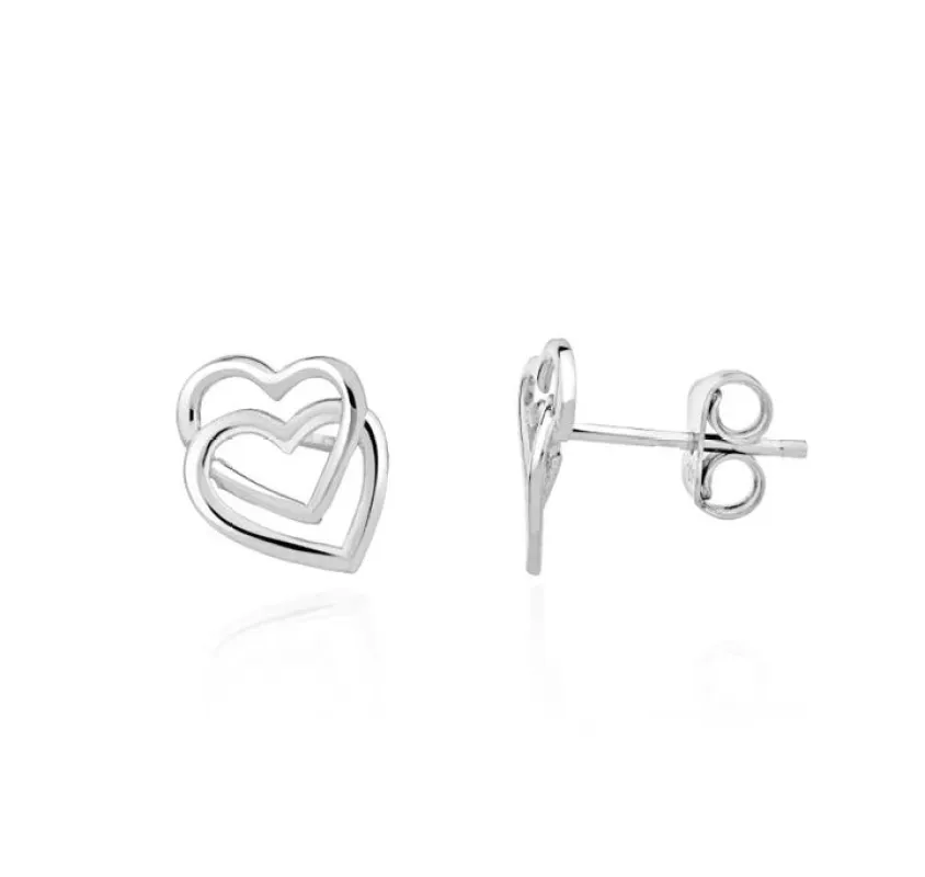 9ct White Gold Double Open Heart Stud Earrings sold by C.W. Sellors