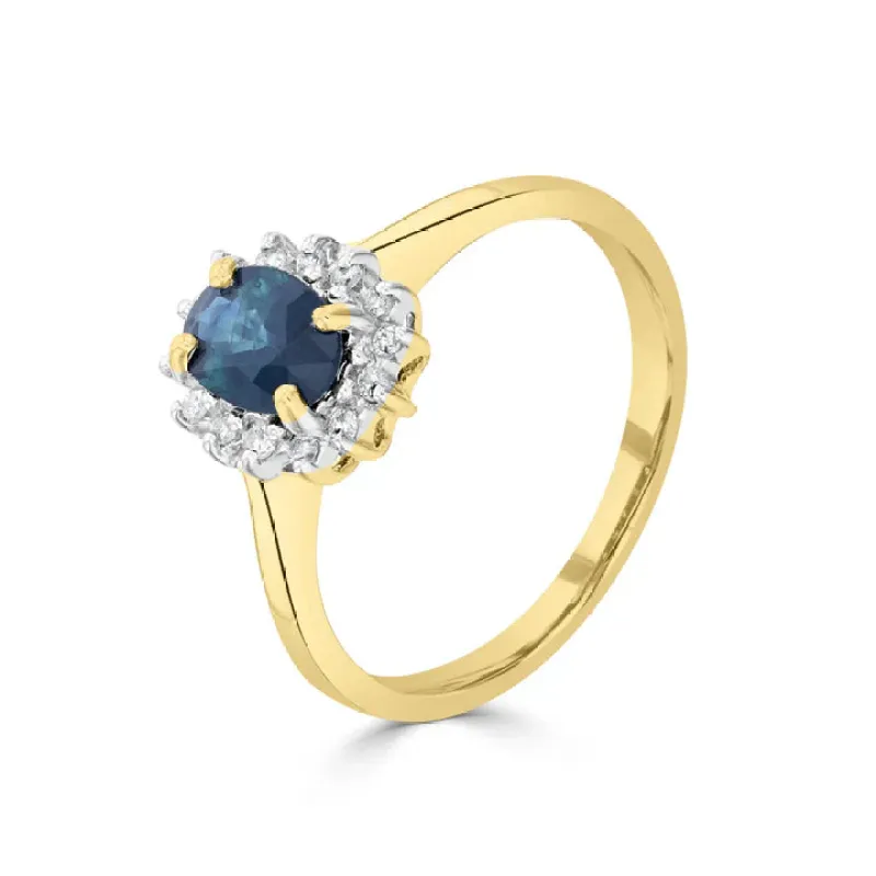 9ct Yellow Gold 7x5 0.10ct Diamond & Oval Sapphire Claw Set Cluster Ring sold by C.W. Sellors