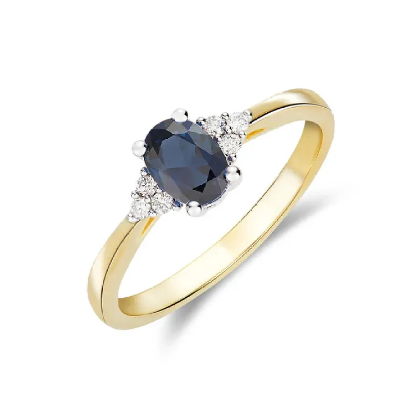 9ct Yellow Gold 7x5 0.10ct Diamond & Oval Sapphire Trefoil Shoulder Ring sold by C.W. Sellors