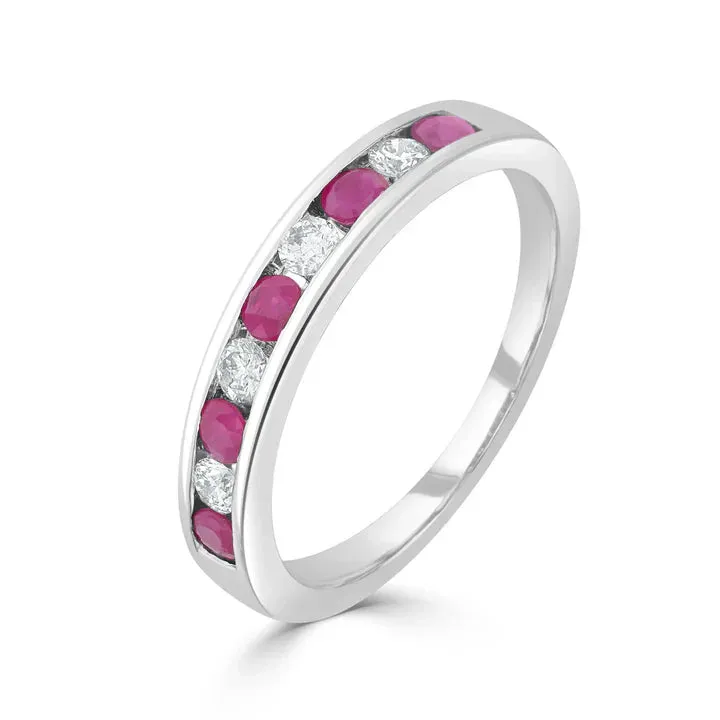 9ct White Gold 0.19ct Diamond & Ruby 9 Stone Channel Set Half Eternity Ring sold by C.W. Sellors