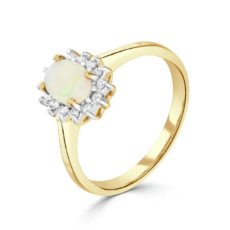 9ct Yellow Gold 7x5 Diamond & 0.40ct Opal Oval Claw Cluster Ring sold by C.W. Sellors