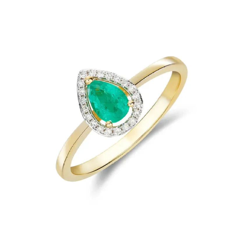 9ct Yellow Gold 6x4 0.06ct Diamond & Emerald Pearshaped Halo Claw Cluster Ring sold by C.W. Sellors