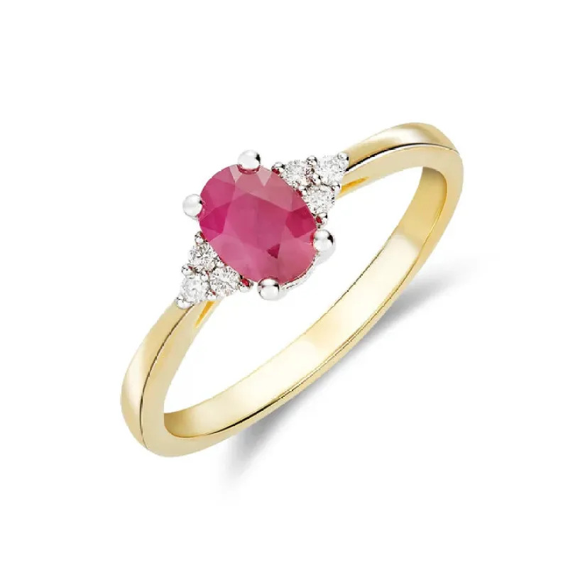 9ct Yellow Gold 7x5 0.10ct Diamond & Oval Ruby Trefoil Shoulder Ring sold by C.W. Sellors