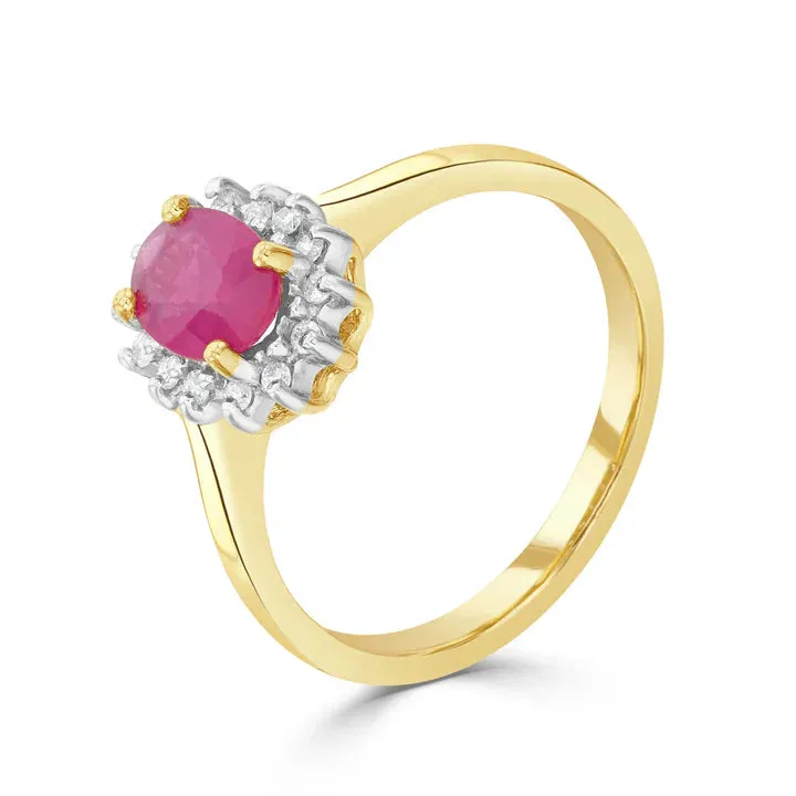 9ct Yellow Gold 7x5 Oval Ruby & Diamond 0.10ct Claw Set Cluster Ring sold by C.W. Sellors