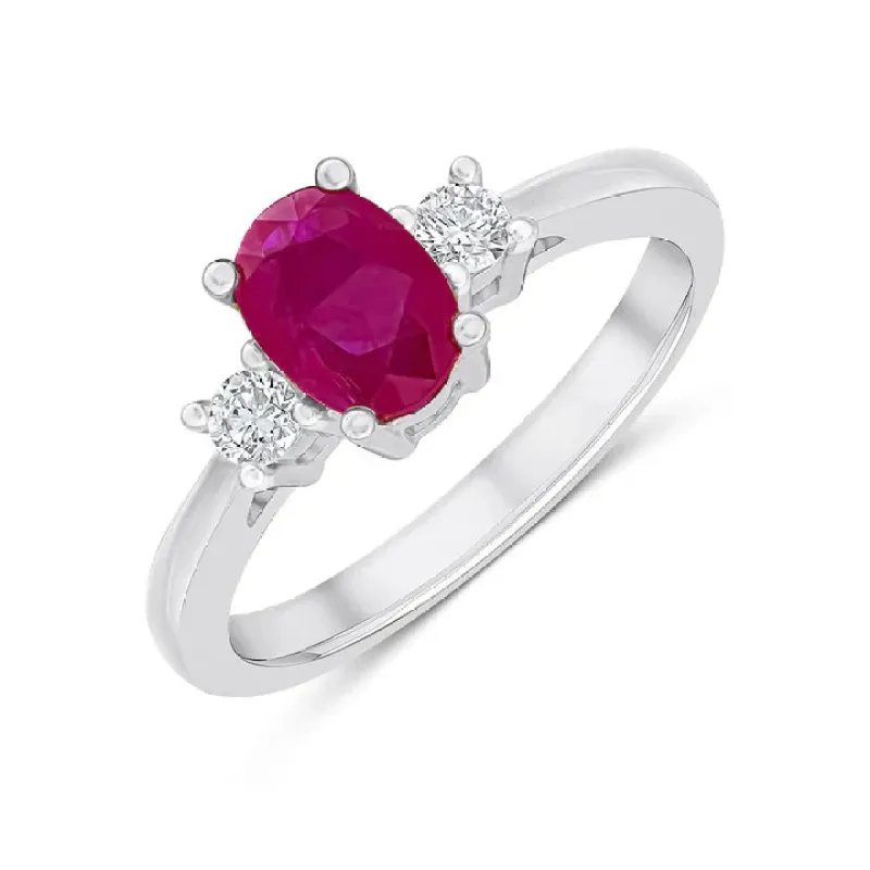 9ct White Gold 7x5 0.14ct Diamond & Oval Ruby Claw Set 3st Ring sold by C.W. Sellors
