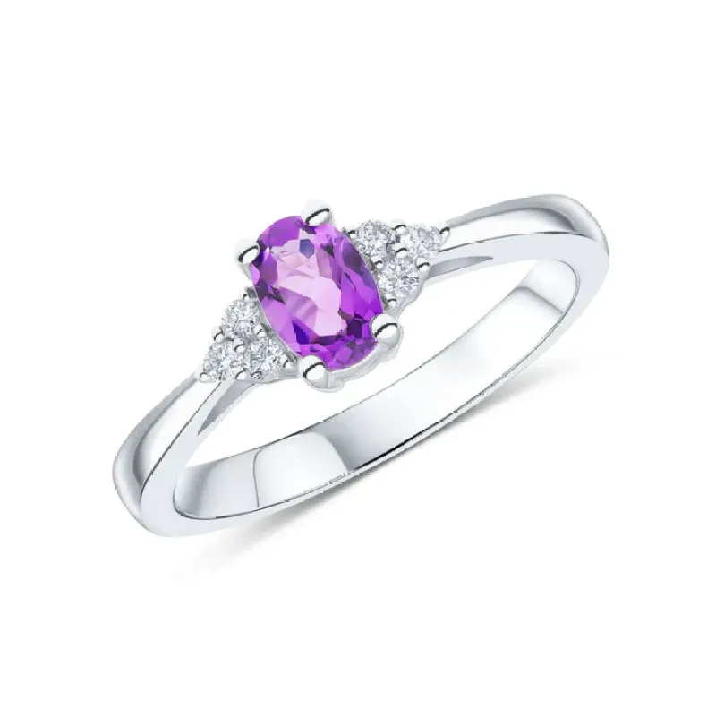 9ct White Gold 6x4 0.08ct Round Diamond & Oval Amethyst Trefoil Sholder Ring sold by C.W. Sellors