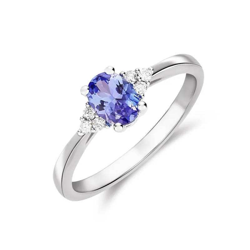 9ct White Gold 6x4 Diamond & Oval Tanzanite 0.43ct Trefoil Shoulder Claw Set Ring sold by C.W. Sellors