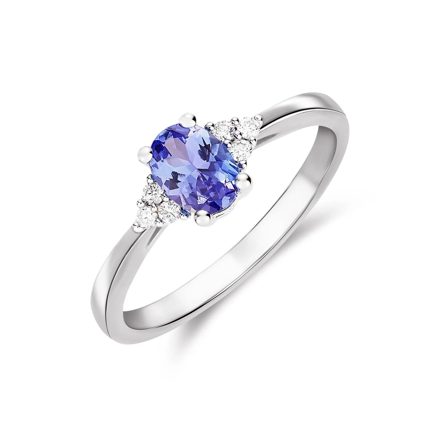 9ct White Gold 6x4 Diamond & Oval Tanzanite 0.43ct Trefoil Shoulder Claw Set Ring sold by C.W. Sellors