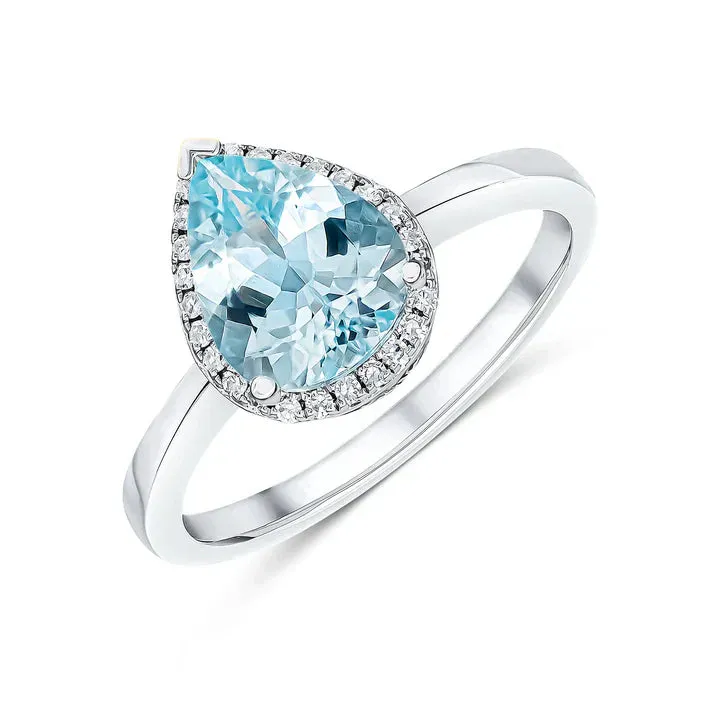 9ct White Gold 9x7mm 0.10ct Diamond & Aquamarine Pear Claw Set Cluster Ring sold by C.W. Sellors