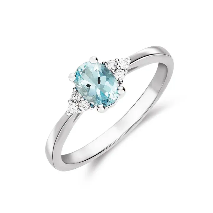 9ct White Gold 7x5 0.10ct Diamond & Oval Aquamarine Trefoil Shoulder Ring sold by C.W. Sellors