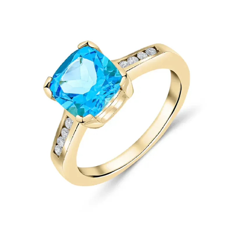 9ct Yellow Gold 0.10ct Diamond & Blue Topaz Claw Set Cushion Single Stone Ring With Channel Set Sholders sold by C.W. Sellors