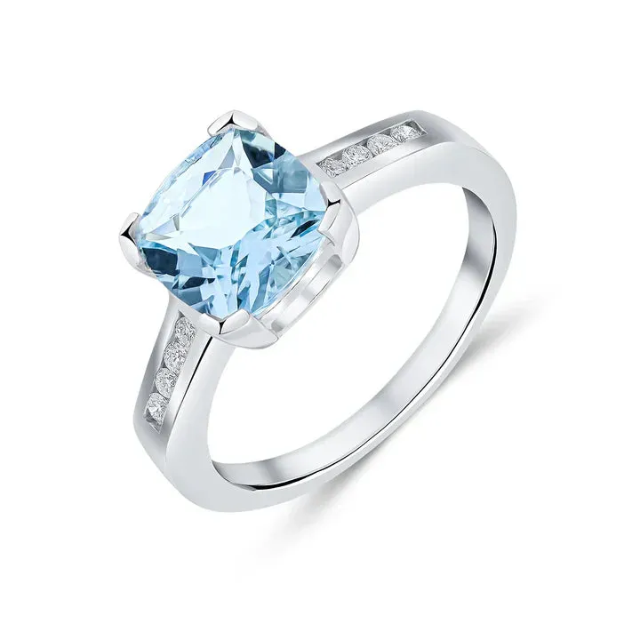 9ct White Gold 0.10ct Diamond & Aquamarine Claw Set Cushioned Single Stone Ring With Channel Set Shoulders sold by C.W. Sellors