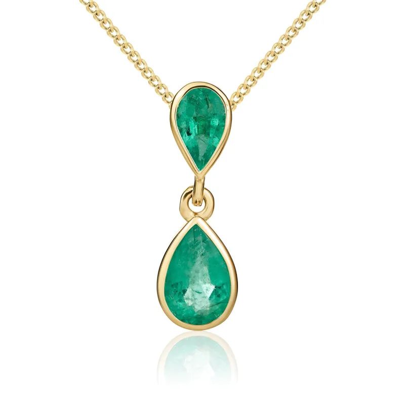 9ct Yellow Gold Emerald 2 Stone Rubover Pearshaped Drop Pendant & Chain sold by C.W. Sellors