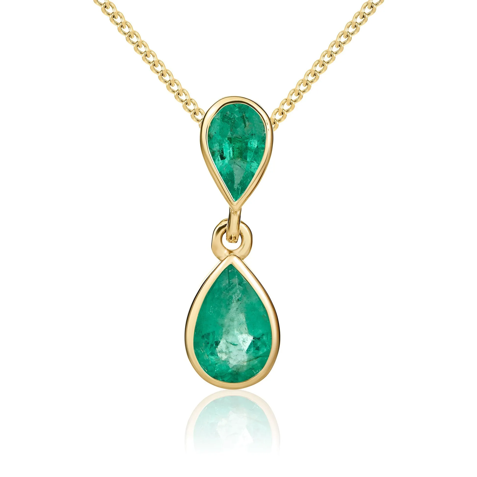 9ct Yellow Gold Emerald 2 Stone Rubover Pearshaped Drop Pendant & Chain sold by C.W. Sellors