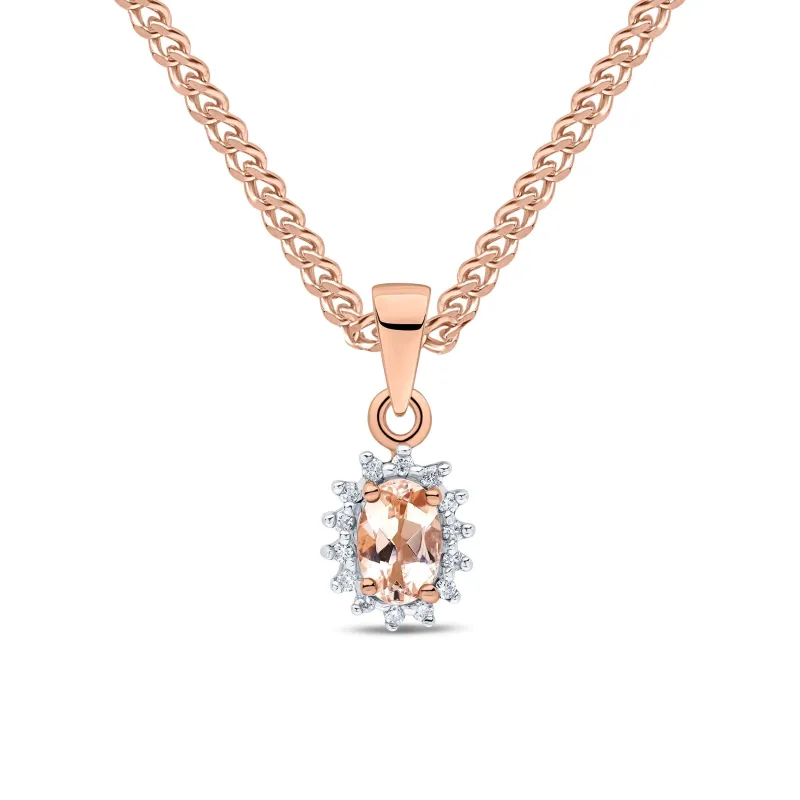9ct Rose Gold Oval Morganite & Diamond Cluster Pendant & Chain made by C.W. Sellors