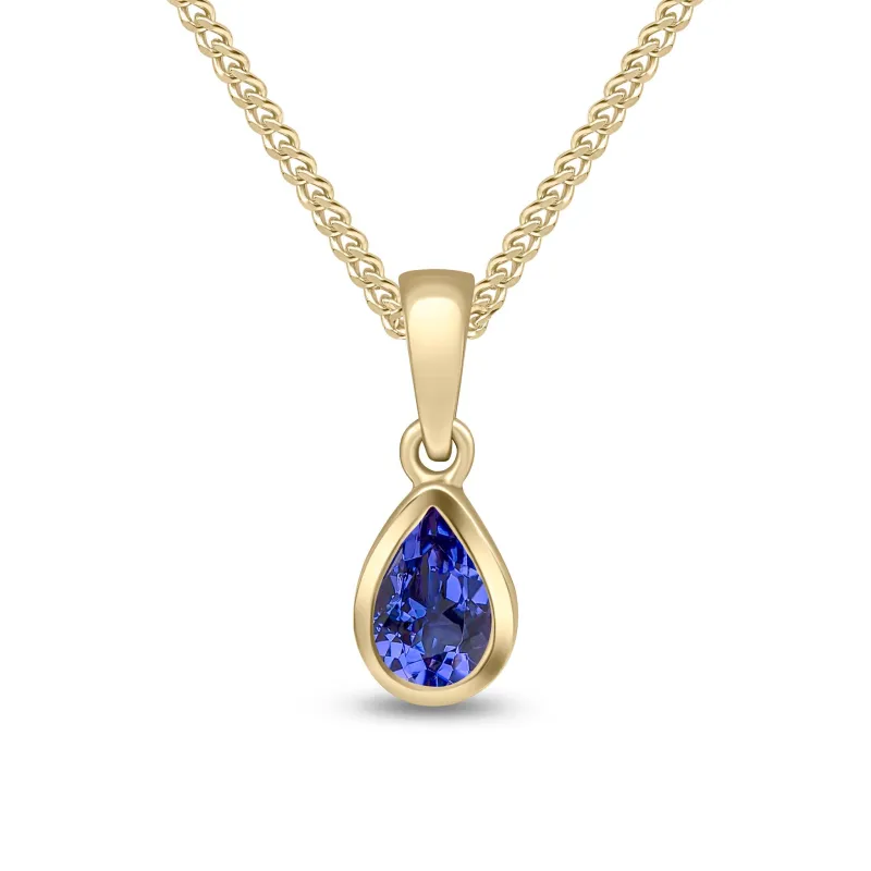 9ct Yellow Gold Tanzanite Rubover Pearshaped Single Stone Pendant & Chain sold by C.W. Sellors