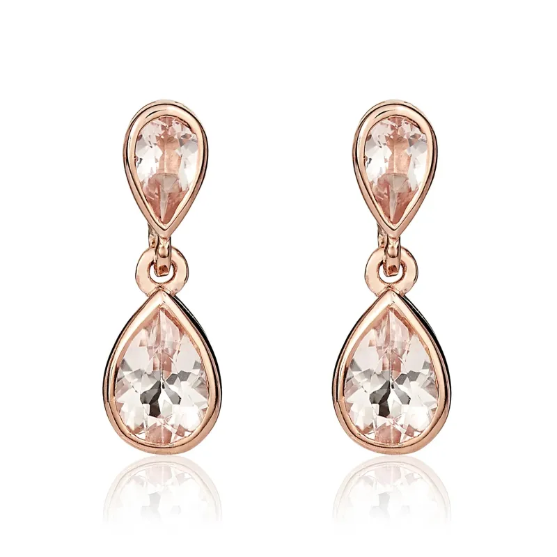 9ct Rose Pearshape Morganite 2 Stone Rubover Drop Earrings sold by C.W. Sellors