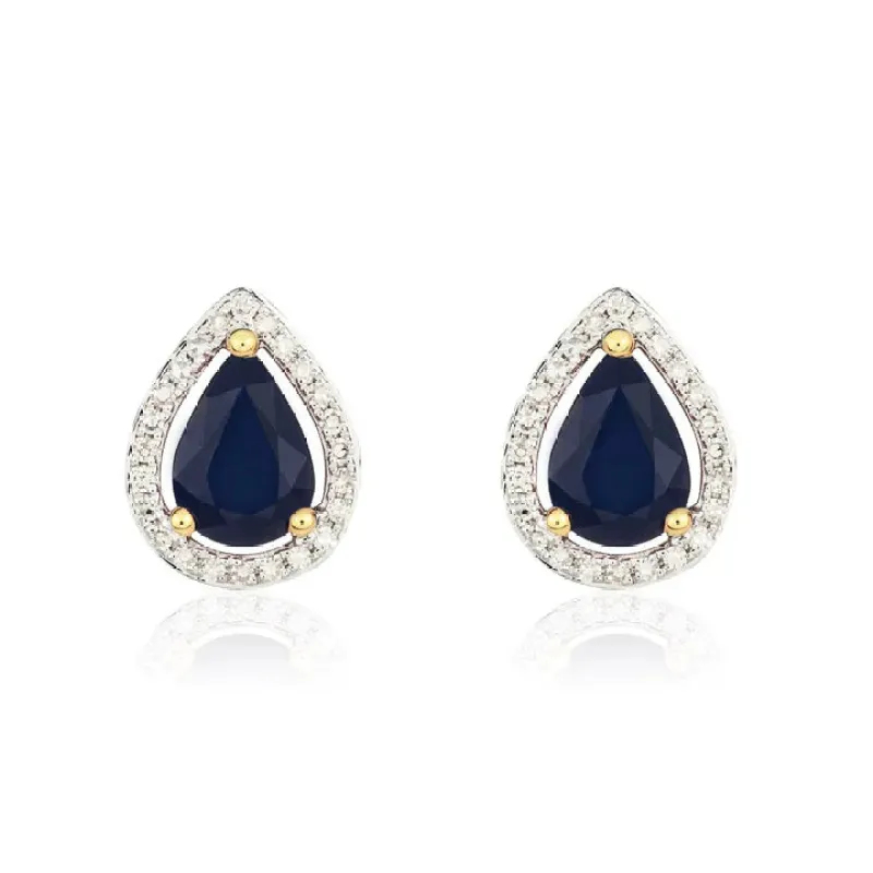 9ct Yellow Gold 7x5 Diamond & Sapphire Pearshaped Halo Cluster Earrings sold by C.W. Sellors