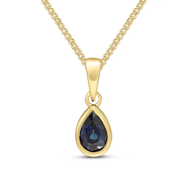 9ct Yellow Gold 6x4 Sapphire Rubover Pearshaped Single Stone Pendant & Chain made by C.W. Sellors