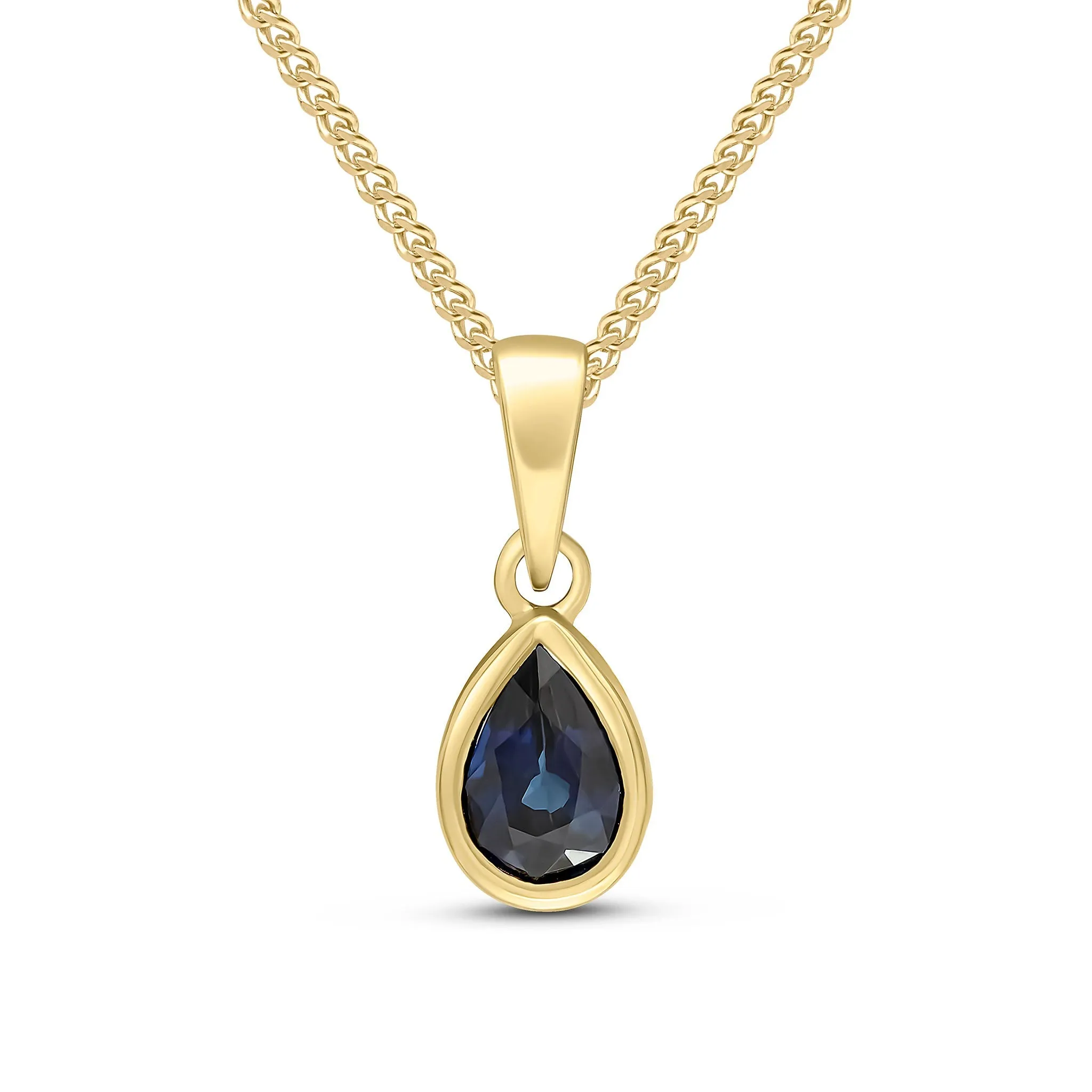 9ct Yellow Gold 6x4 Sapphire Rubover Pearshaped Single Stone Pendant & Chain sold by C.W. Sellors