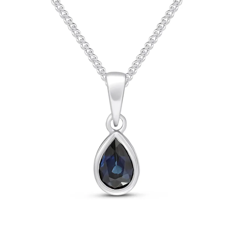 9ct White Gold 6x4 Sapphire Pearshaped Single Stone Pendant & Chain sold by C.W. Sellors