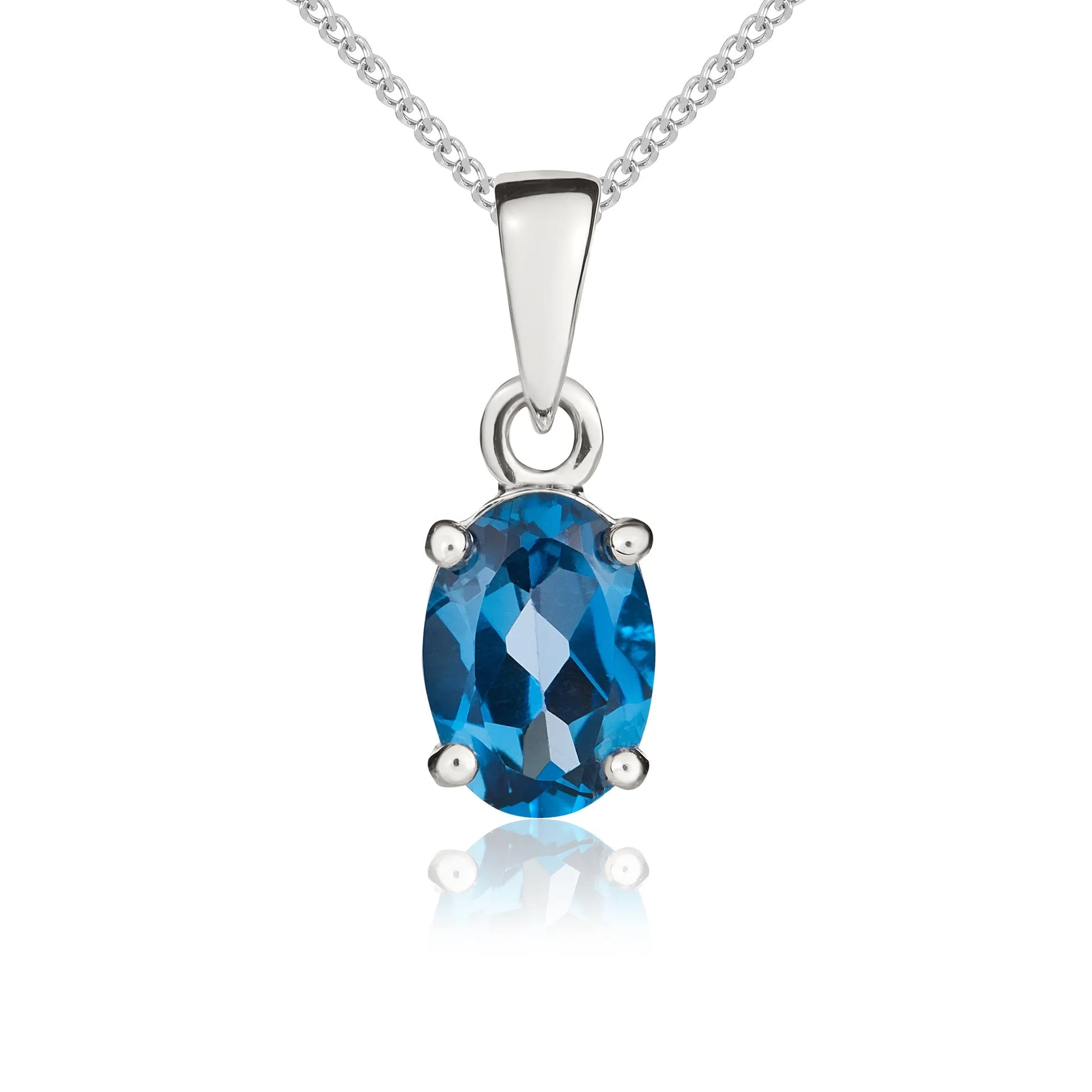 9ct White Gold 7x5mm Oval London Blue Topaz 4 Claw Pendant & Chain sold by C.W. Sellors