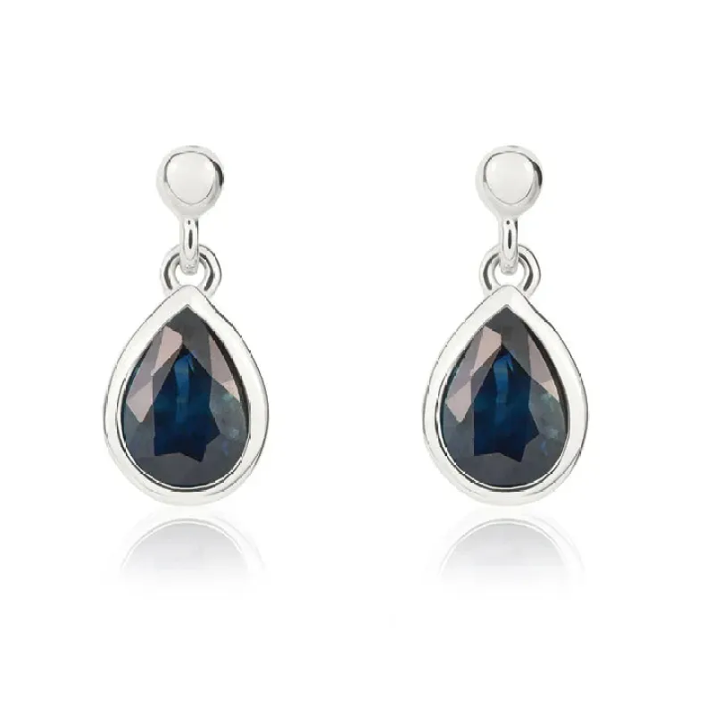 9ct White Gold 6x4 Pearshaped Sapphire Rubover Drop Earrings sold by C.W. Sellors