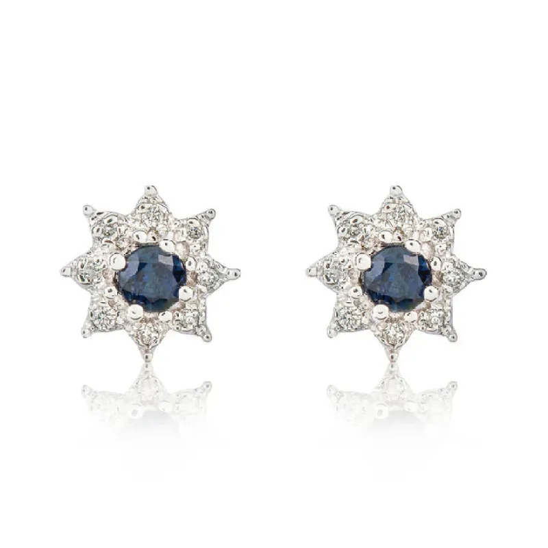 9ct White Gold 3mm Diamond & Round Sapphire Claw Set Cluster Earrings sold by C.W. Sellors