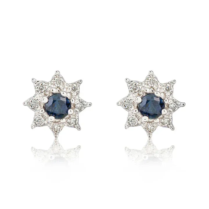 9ct White Gold 3mm Diamond & Round Sapphire Claw Set Cluster Earrings sold by C.W. Sellors