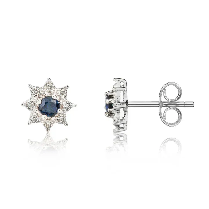 9ct White Gold 3mm Diamond & Round Sapphire Claw Set Cluster Earrings sold by C.W. Sellors product image thumbnail 2