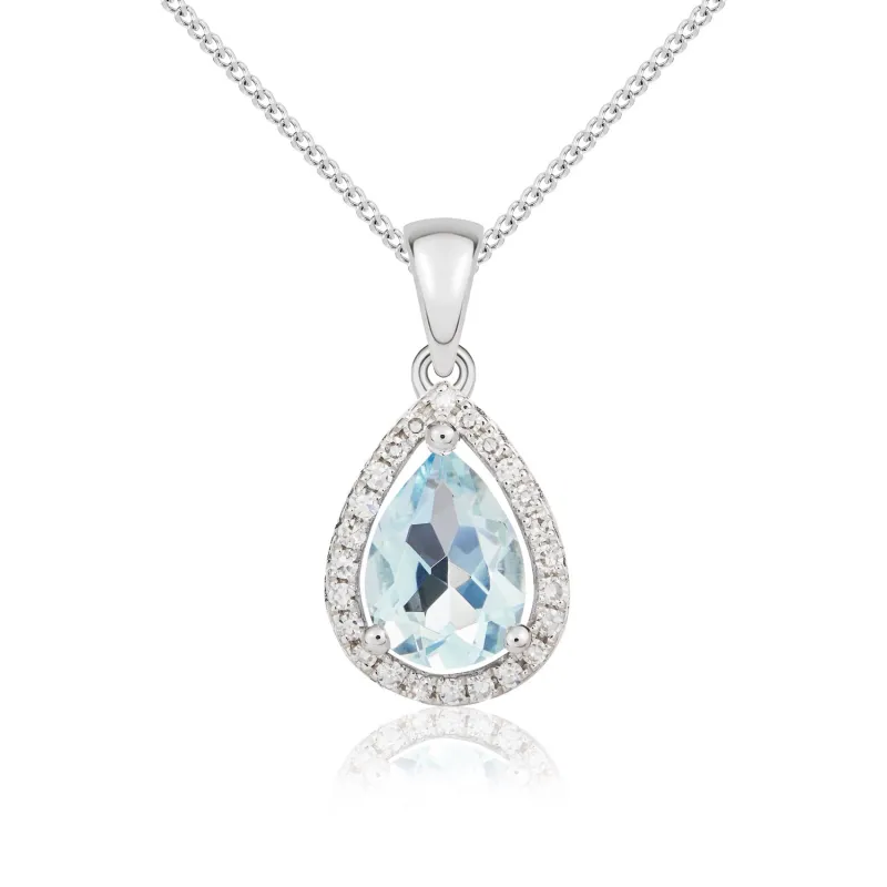 9ct White Gold Pearshaped Aquamarine & Diamond Halo Claw Cluster Pendant & Chain sold by C.W. Sellors