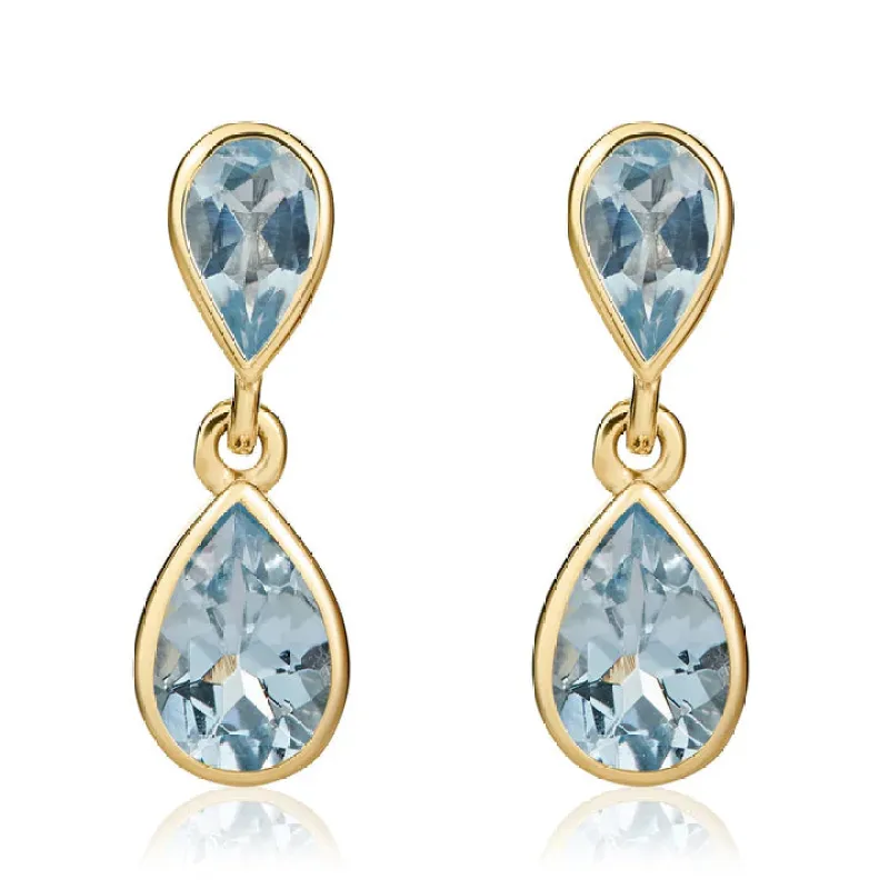 9ct Yellow Gold Pearshaped Aquamarine 2 Stone Rubover Drop Earrings sold by C.W. Sellors