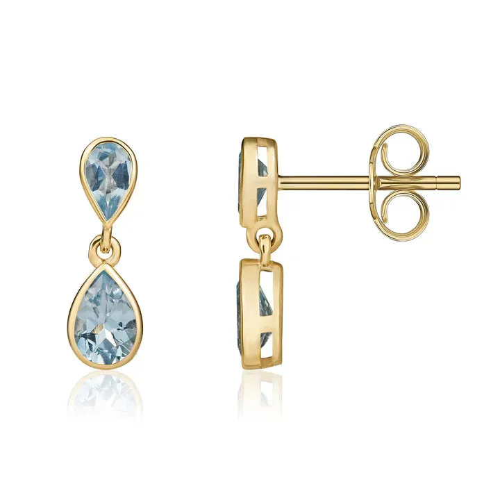9ct Yellow Gold Pearshaped Aquamarine 2 Stone Rubover Drop Earrings sold by C.W. Sellors product image thumbnail 2