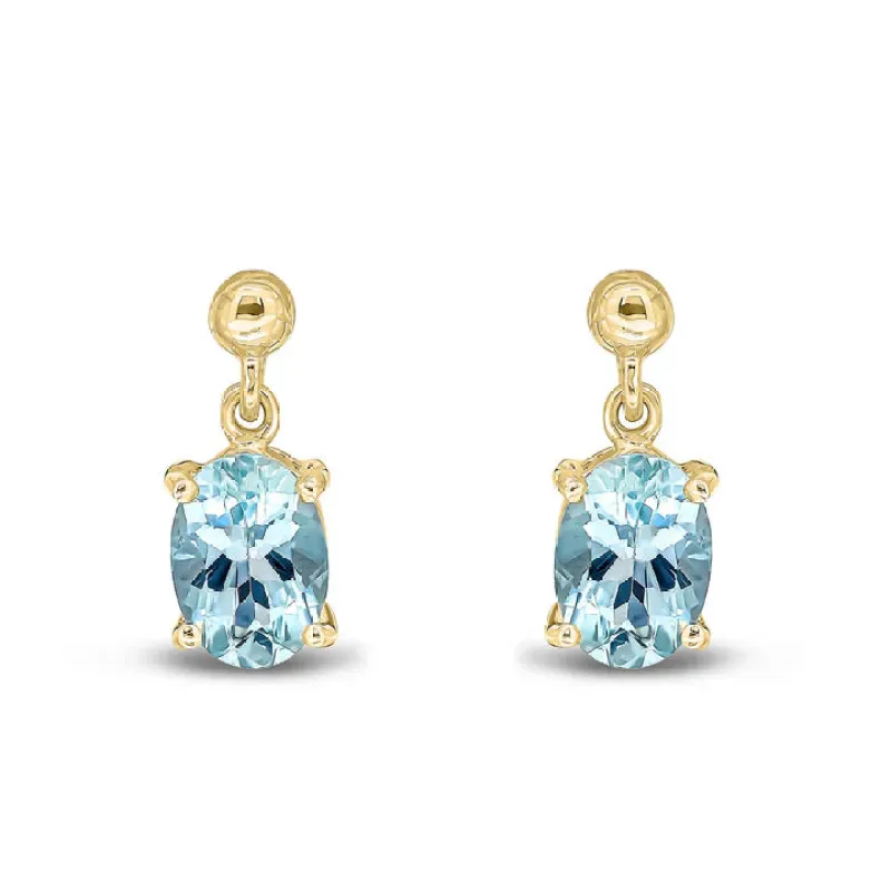 9ct Yellow Gold Aquamarine Oval Claw Set Drop Earrings sold by C.W. Sellors
