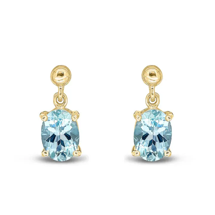 9ct Yellow Gold Aquamarine Oval Claw Set Drop Earrings sold by C.W. Sellors