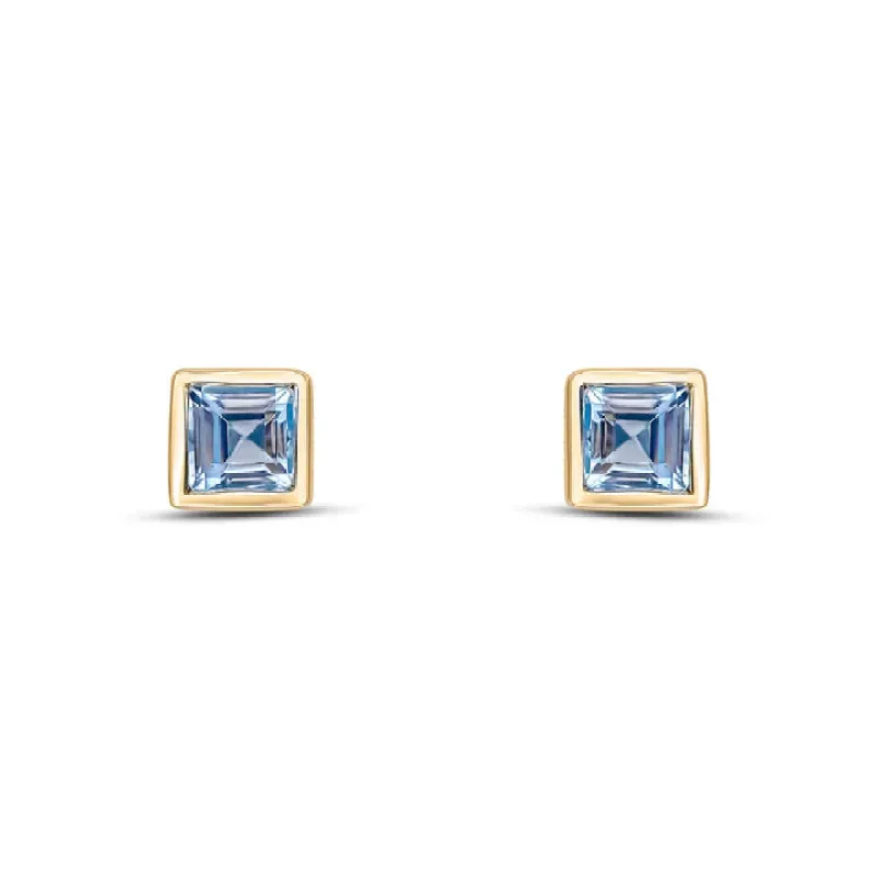 9ct Yellow Gold 3mm Aquamarine Square Rubover Set Earrings sold by C.W. Sellors