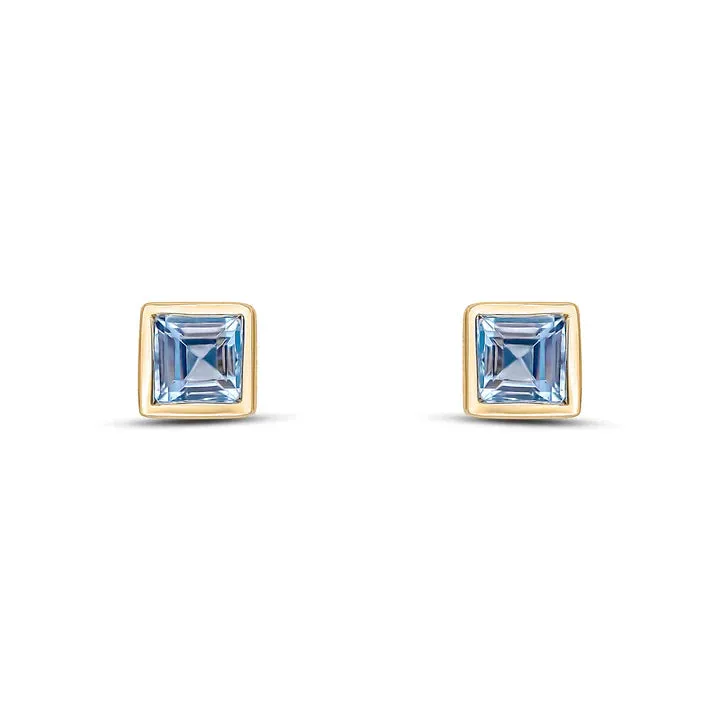 9ct Yellow Gold 3mm Aquamarine Square Rubover Set Earrings sold by C.W. Sellors