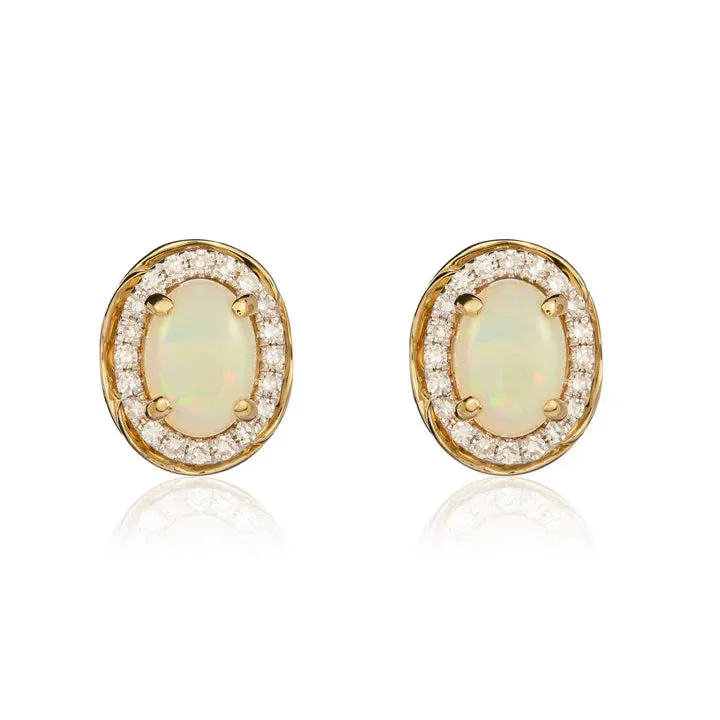9ct Yellow Gold 7x5mm Oval Opal & Diamond Fancy Cluster Earrings sold by C.W. Sellors