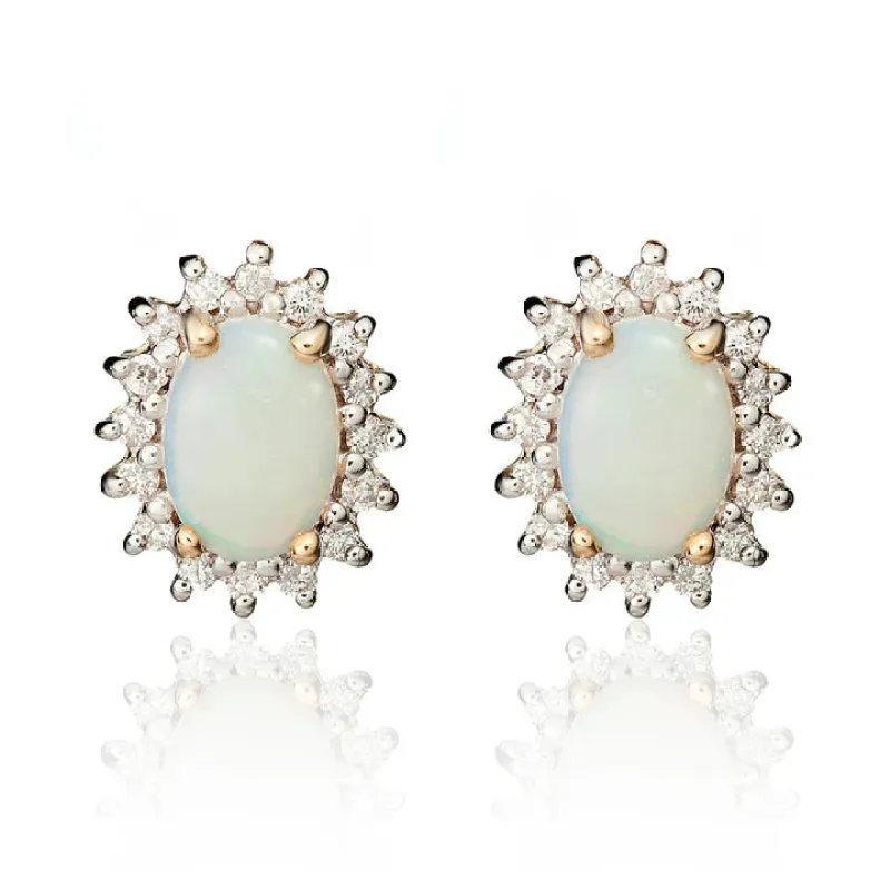 9ct Yellow Gold Oval Opal & Diamond Cluster Earrings made by C.W. Sellors
