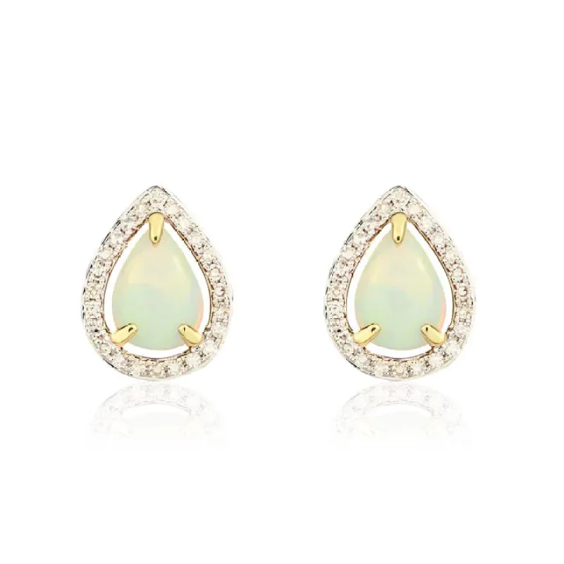 9ct Yellow Gold Diamond & Opal pearshaped Halo Cluster Earrings sold by C.W. Sellors