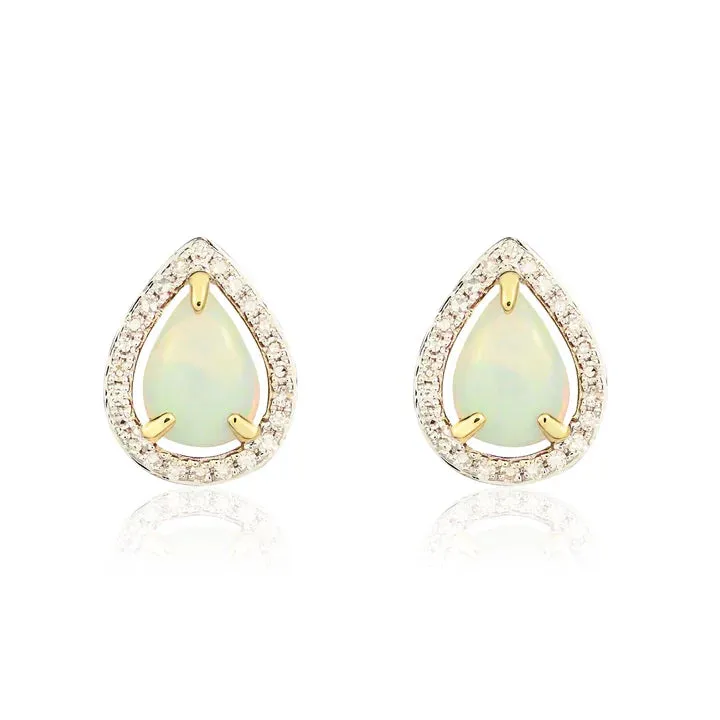 9ct Yellow Gold Diamond & Opal pearshaped Halo Cluster Earrings sold by C.W. Sellors