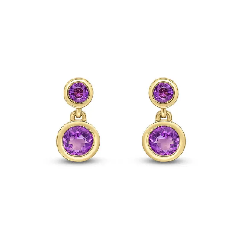 9ct Yellow Gold Round Amethyst 2 Stone Rubover Drop Earrings sold by C.W. Sellors