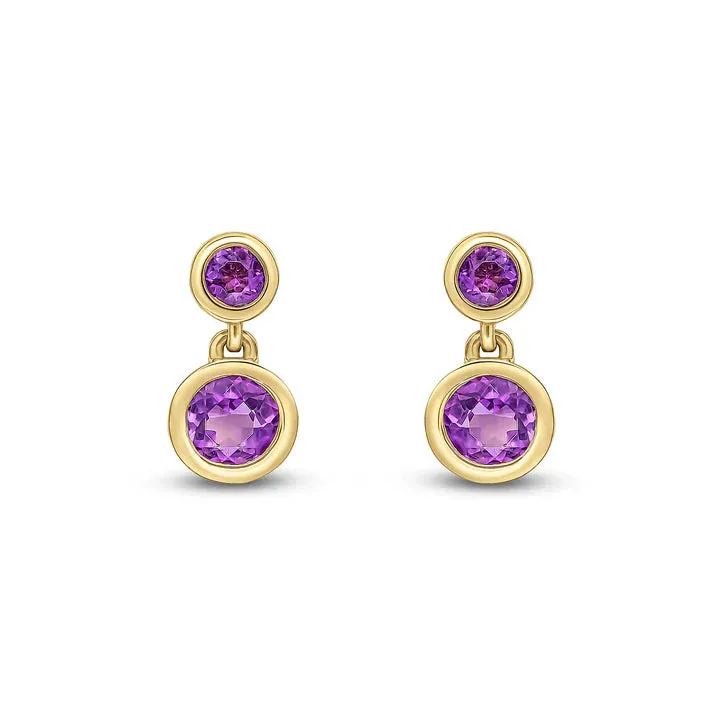 9ct Yellow Gold Round Amethyst 2 Stone Rubover Drop Earrings sold by C.W. Sellors